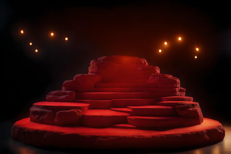 round red rock podium composition with glowing ember in the photo studioの素材