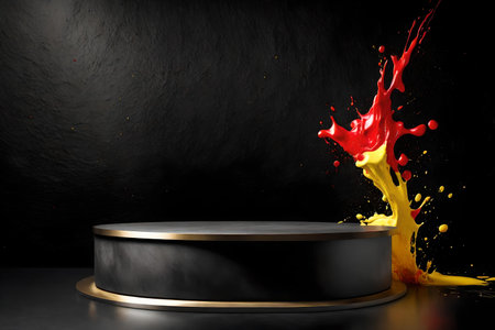 round titanium stone podium background black wall with yellow and red paint splashの素材