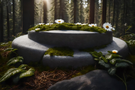 round silver rock podium composition with daisy in the forestの素材