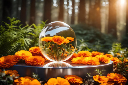 round tinted glass plastic podium background with marigold flower in the forestの素材