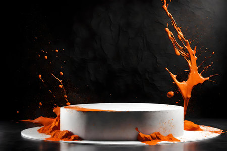 round white concrete podium background black wall with orange and titanium paint splashの素材
