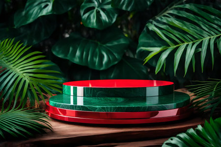 round red plastic cosmetic podium composition with malachite in the tropical forestの素材