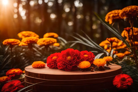 round red wooden cosmetic podium scenery with dried marigold flower in the tropical forestの素材