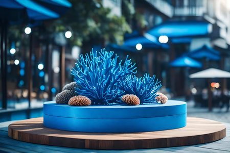 round titanium wooden cosmetic podium background with blue corals in the streetの素材