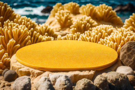 round yellow plastic podium background with stony corals by the seaの素材