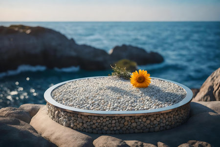 round titanium rock podium composition with daisy by the seaの素材