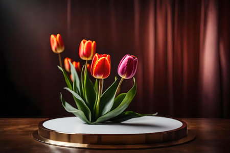 round titanium plastic podium scenery with tulip in the photo studioの素材