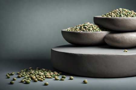 round stone podium close shot grey background studio with lentil greenの素材