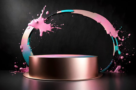 round titanium stone podium background black wall with iridescent and pink paint splashの素材