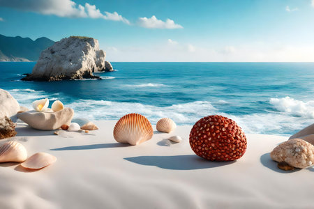 round red rock cosmetic podium composition with seashell by the blue oceanの素材