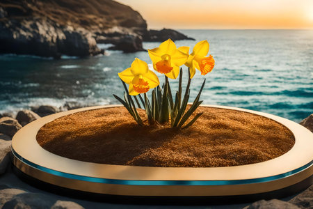 round titanium plastic cosmetic podium scenery with dried daffodil by the seaの素材
