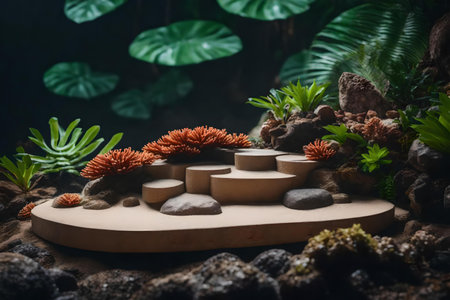 round wood rock podium scenery with stony corals in the tropical forestの素材