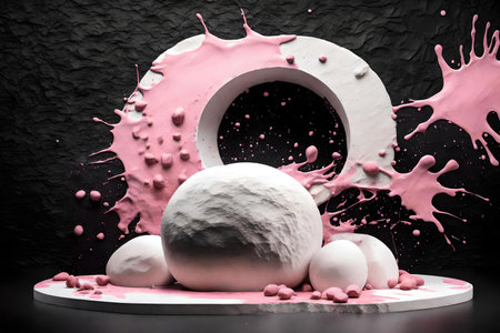 round white stone podium background black wall with pink and black paint splashの素材