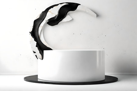 round white stone podium background white wall with iridescent and black paint splashの素材