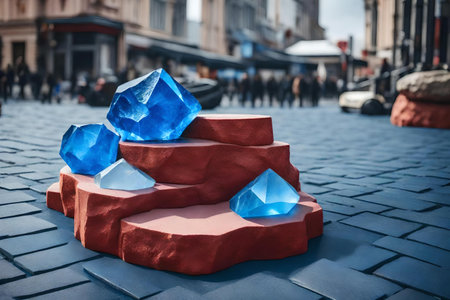 round red rock podium background with blue calcite in the streetの素材