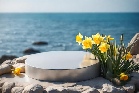 round silver stone podium scenery with daffodil by the seaの素材