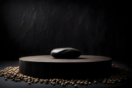 round stone podium close shot black wood background studio with soybeanの素材