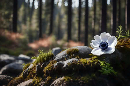 round silver rock podium background with anemone flower in the forestの素材