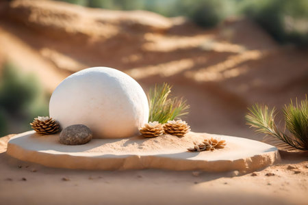 round white rock cosmetic podium composition with desert in the forestの素材