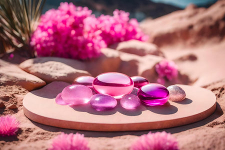 round tinted glass rock cosmetic podium composition with pink desert in the streetの素材