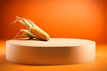 round wood podium close shot orange background studio with cornの素材