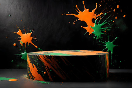 round wood plastic podium background black wall with orange and green paint splashの素材