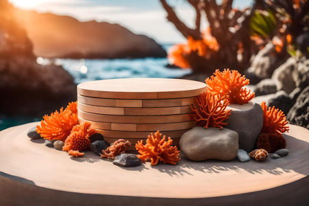 round wood stone cosmetic podium background with orange corals by the seaの素材