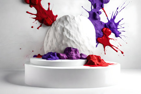 round white rock podium background white wall with red and purple paint splashの素材