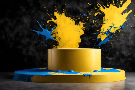 round yellow concrete podium background black wall with blue and black paint splashの素材
