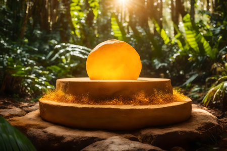 round yellow stone cosmetic podium scenery with glowing ember in the tropical forestの素材