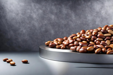 round wood podium close shot silver background studio with lupin beanの素材