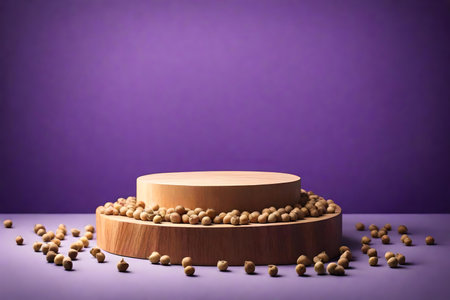 round wood podium close shot purple background studio with chickpeaの素材