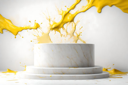 round titanium stone podium background white wall with titanium and yellow paint splashの素材