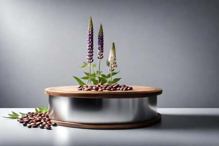 round wood podium close shot silver background studio with lupin beanの素材