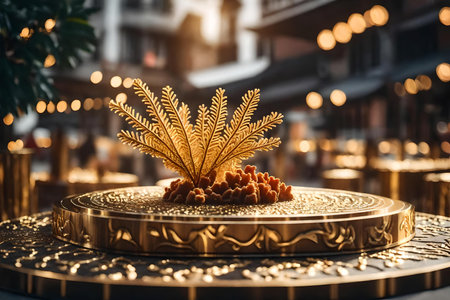 round titanium wooden podium background with golden corals in the streetの素材