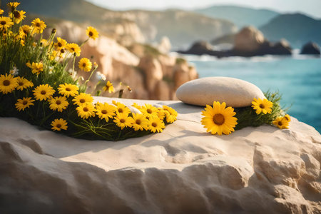 round yellow rock cosmetic podium composition with daisy by the seaの素材