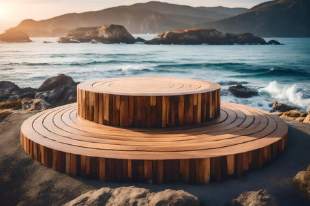round wood wooden podium scenery with quartzite by the seaの素材