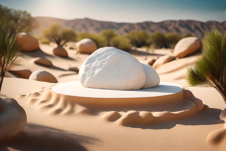 round white rock cosmetic podium composition with desert in the forestの素材