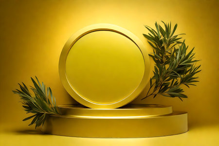 round yellow podium close shot golden background studio with green oliveの素材