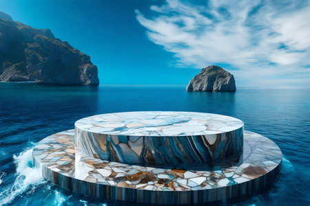 round titanium stone podium background with agate by the blue oceanの素材