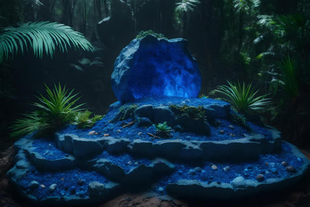 round silver rock podium composition with azurite in the tropical forestの素材