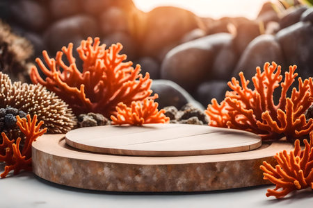 round wood stone cosmetic podium background with orange corals by the seaの素材