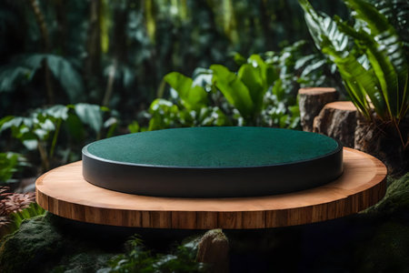 round wood plastic cosmetic podium composition with granite in the tropical forestの素材