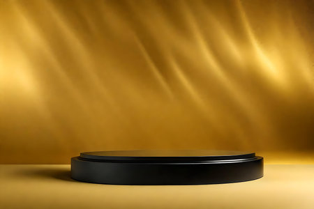 round wood podium close shot golden background studio with black oliveの素材
