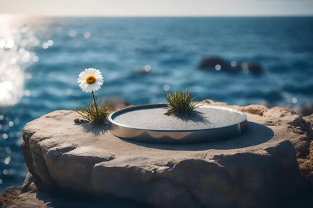 round titanium rock podium composition with daisy by the seaの素材