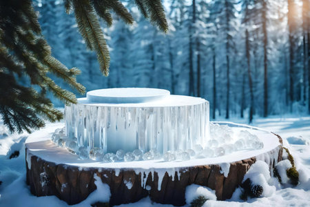 round white wooden podium composition with crystal ice in the forestの素材