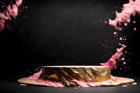 round wood rock podium background black wall with golden and pink paint splashの素材