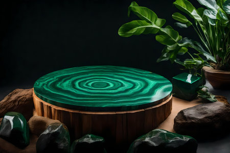 round wood rock podium composition with malachite in the photo studioの素材