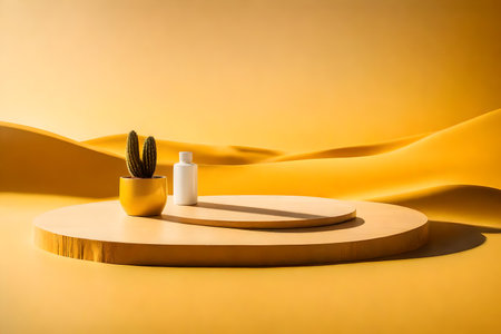 round yellow wooden cosmetic podium scenery with desert in the photo studioの素材