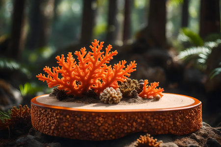 round wood rock cosmetic podium composition with orange corals in the forestの素材